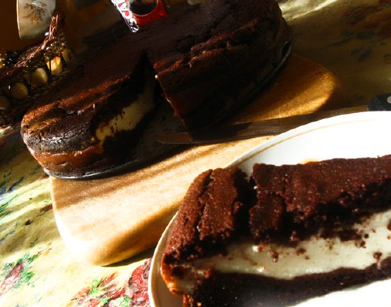 Chocolate muffin pie with cottage cheese and cheese filling