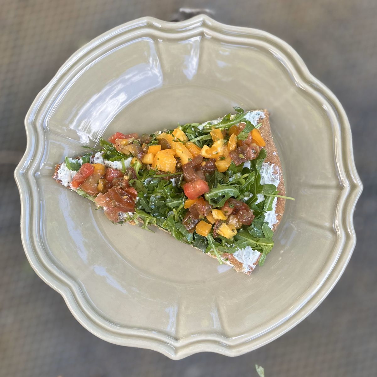 Flammekueche with heirloom tomatoes