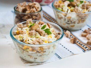 Chinese cabbage salad, chicken and champignons