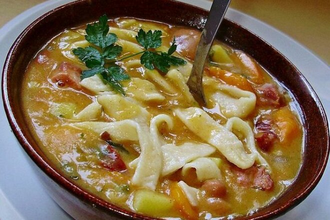 Bean soup with sausage and homemade noodles