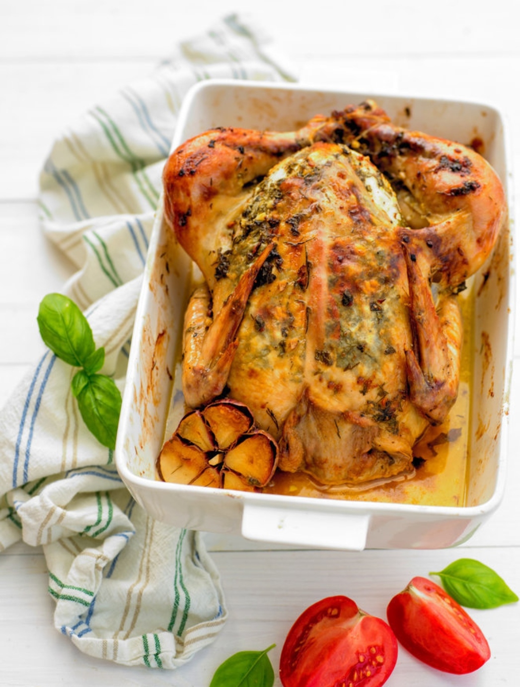 Chicken baked with aromatic butter and garlic