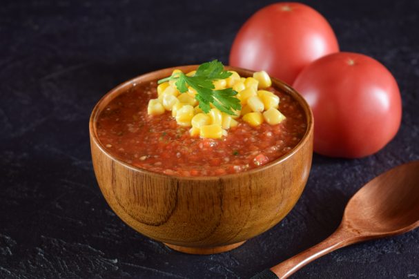 Gazpacho with baked peppers and corn