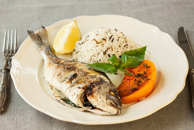 Dorada with wild rice and baked pumpkin