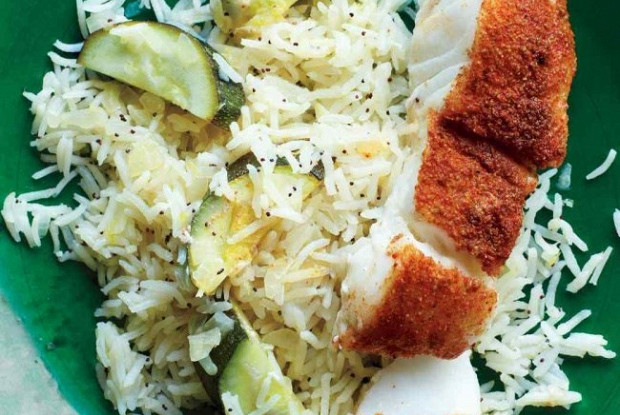 Juicy fish with rice on wine