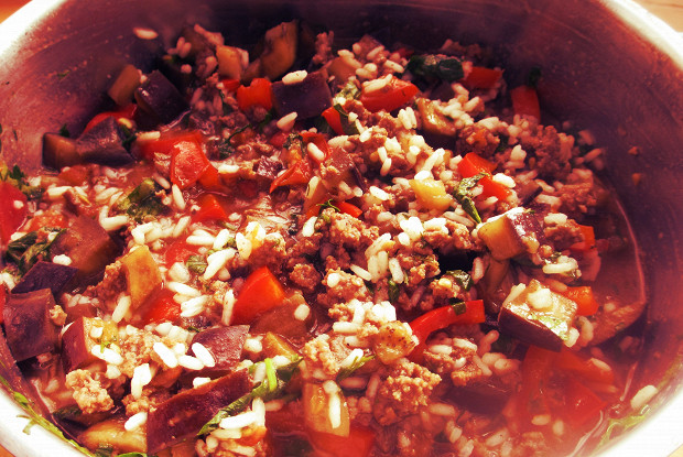 Eggplant stewed with minced meat and rice
