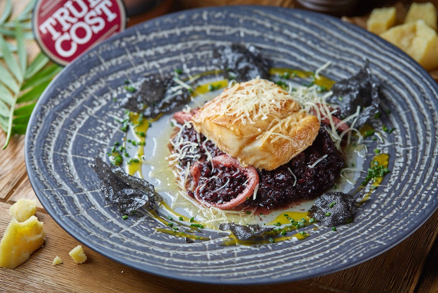 Cod with venere rice risotto