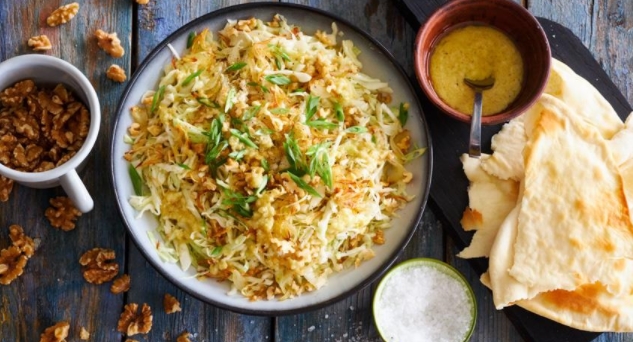 Young Cabbage Salad with Nuts and Three Types of Onions
