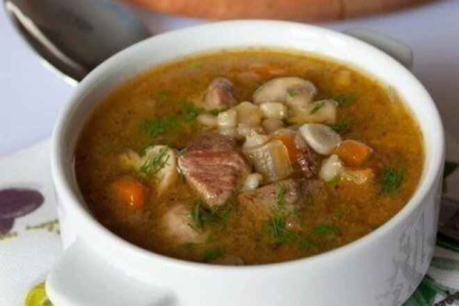 Mushroom soup with beef and barley