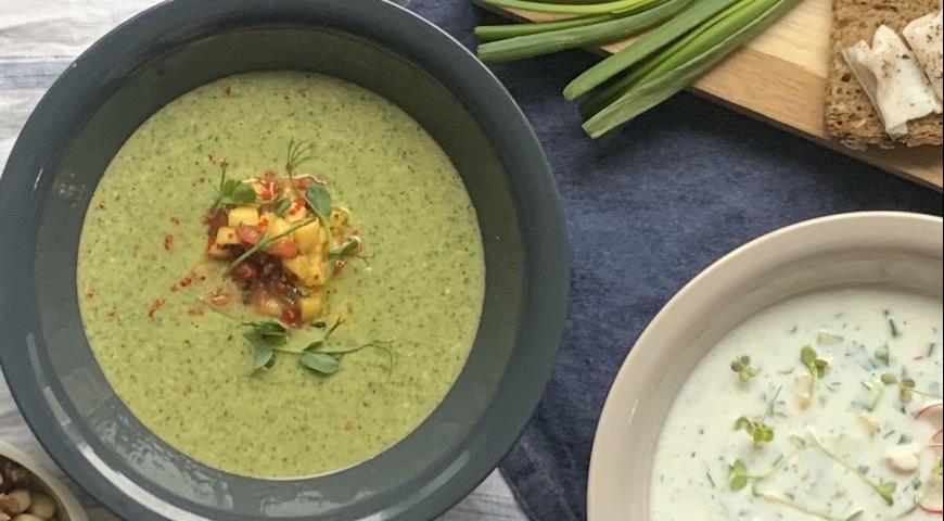 Cold cucumber soup with peach salsa