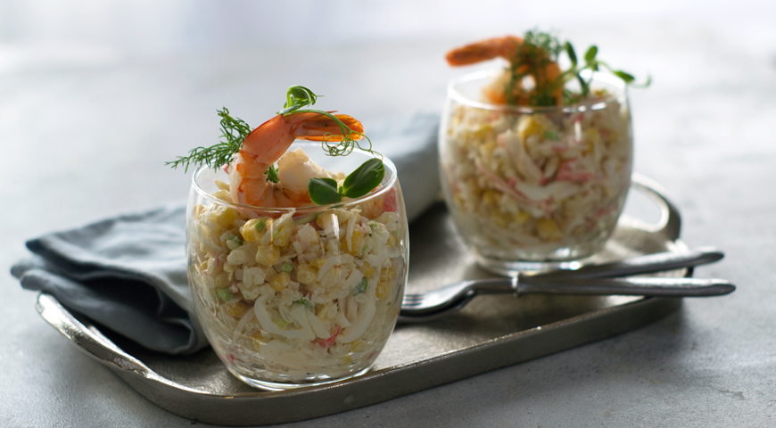 Salad with rice, corn and crab sticks