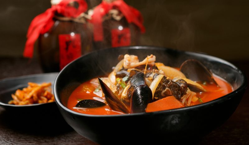 Korean spicy noodle soup with seafood