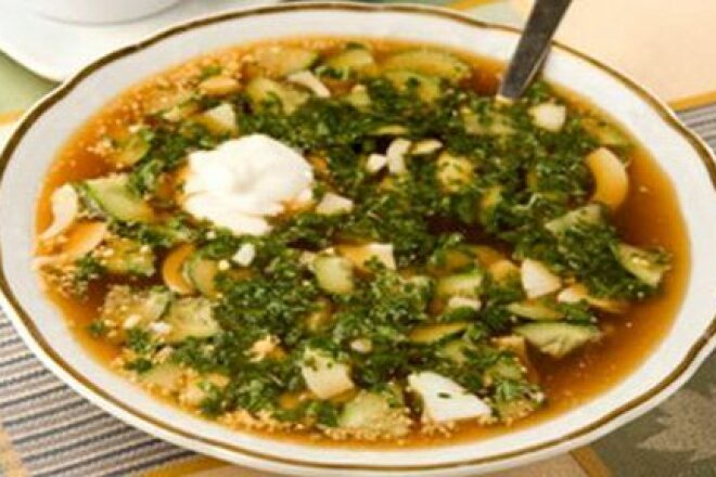 Vegetable okroshka with squid on kvass
