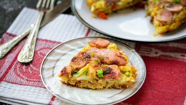 Omelet with cabbage and sausages