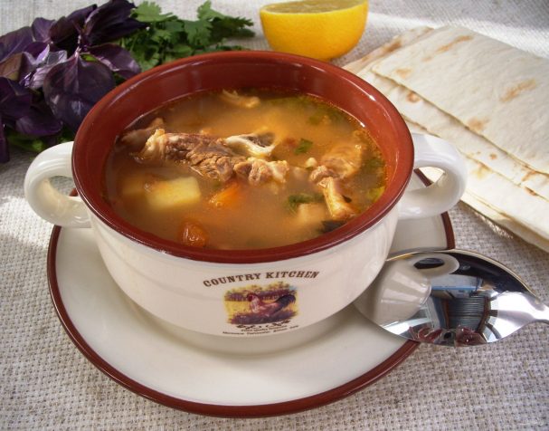 Meat soup with dried apricots
