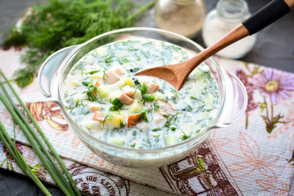 Okroshka with kefir and mineral water with chicken