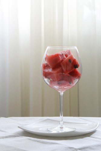 Watermelon cubes in Campari