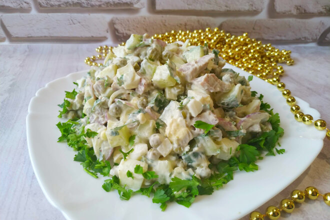 Salad With Tongue, Fresh Cucumber And Onion Without Mayonnaise