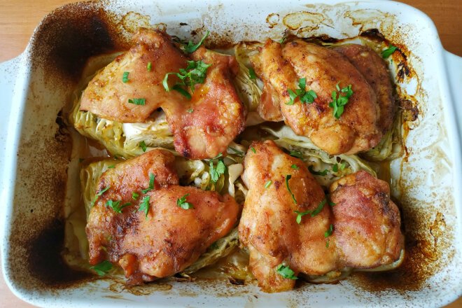 Oven Baked Chicken Thighs On A Cabbage Pillow