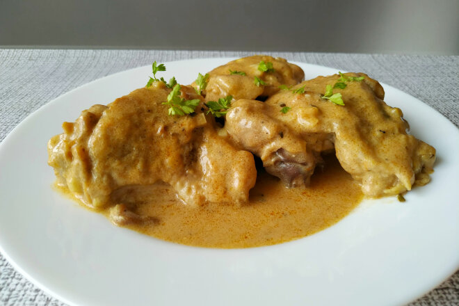 Chicken Thighs In Sour Cream Sauce In A Pan