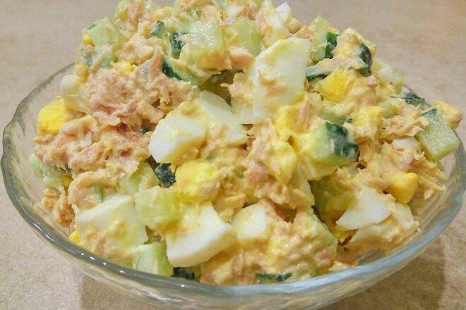 Salad With Canned Tuna, Fresh Cucumber And Egg