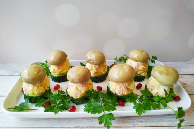 Festive Snack With Ham, Cheese And Pickled Mushrooms