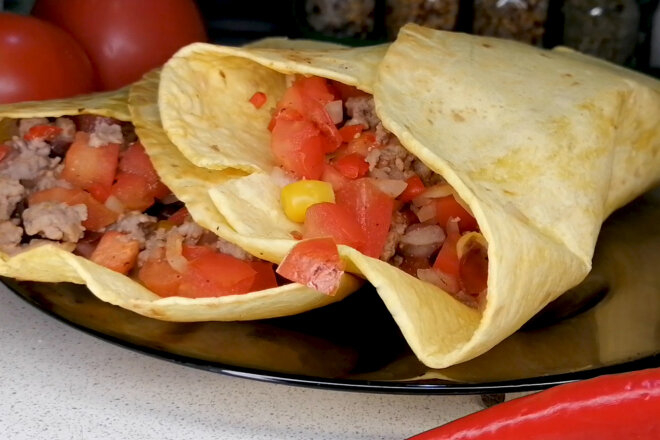Spicy Burrito With Minced Meat, Beans, Corn And Tomatoes