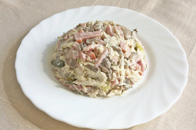 Salad Skazka With Chicken, Mushrooms, Ham And Cheese