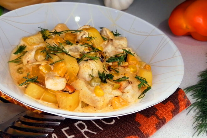 Chicken Fillet Bobo With Vegetables In A Creamy Sauce