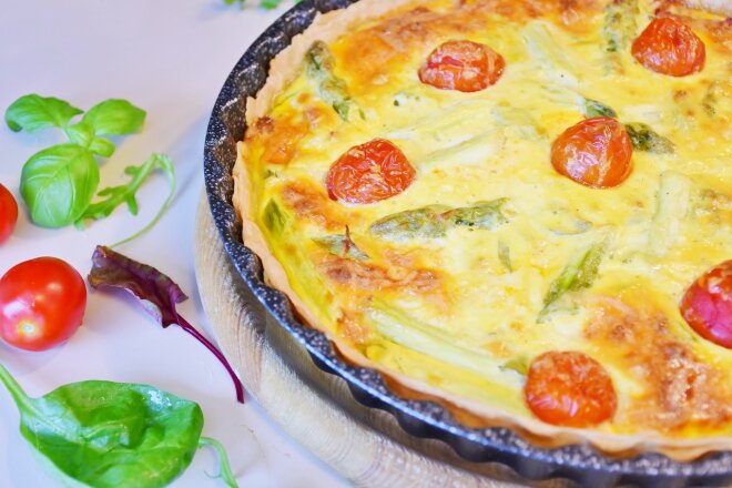 Pie With Asparagus, Cherry Tomatoes And Goat Cheese