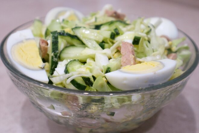 Cabbage Salad With Cod Liver, Egg And Cucumbers